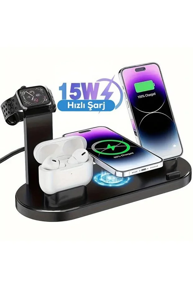 4'ü 1 Arada Kablosuz Çok İşlevli Şarj İstasyonu – Telefon, Akıllı Saat, Kulaklık Uyumlu